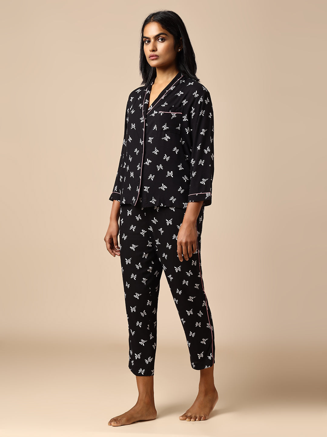 BOW PRINTED VISCOSE NIGHTSUIT