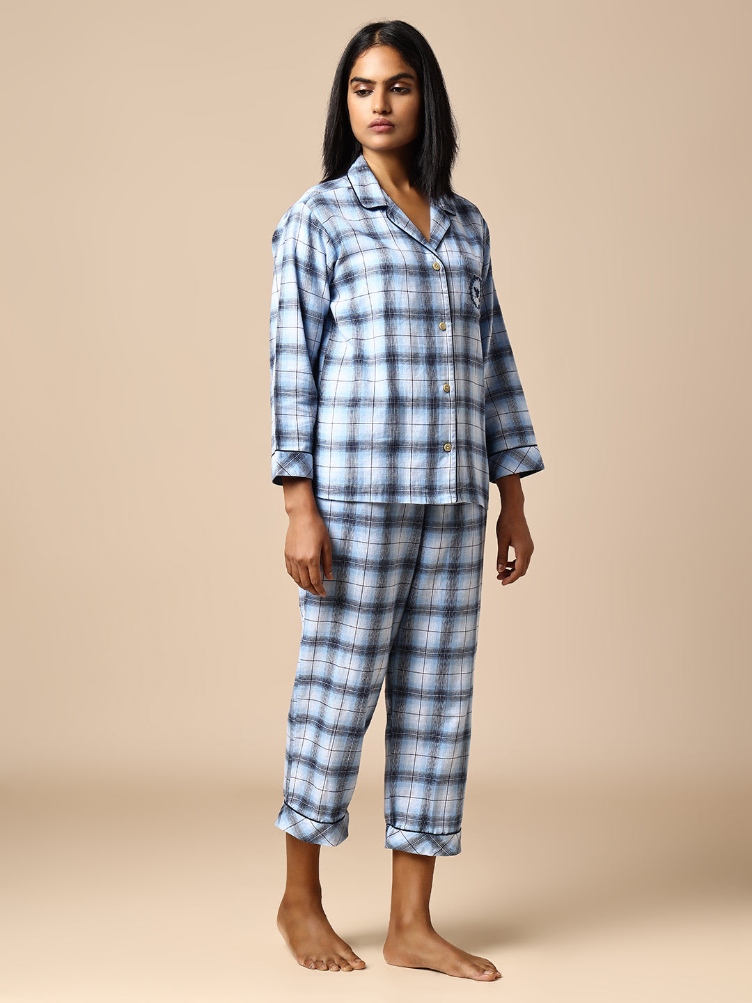 FLANNEL CHECKERED NIGHTSUIT W/ PIPING