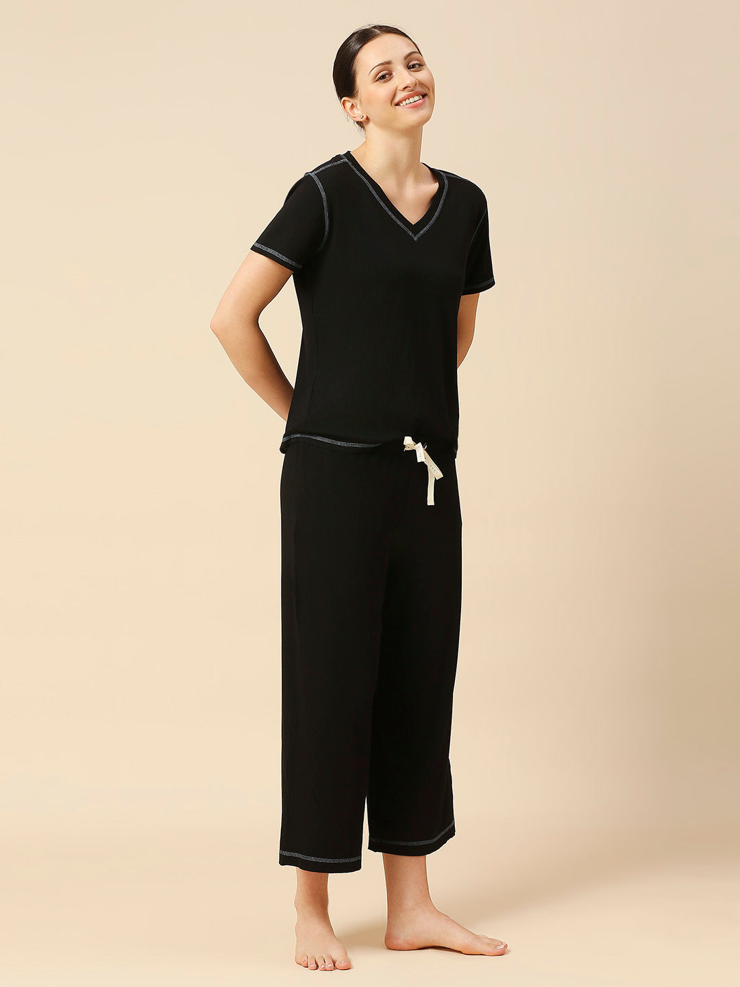 VISCOSE LYCRA RIBBED TEE & CROPPED WIDE LEG PJ SET