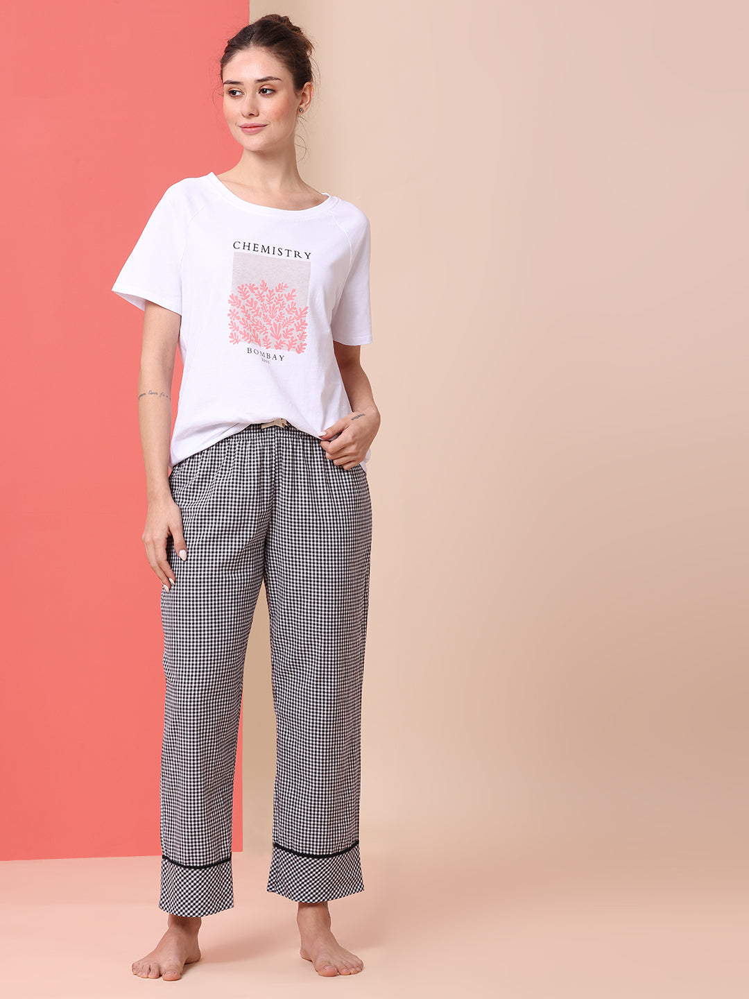 PRINTED TEE & GINGHAM CHECKS PJ SET