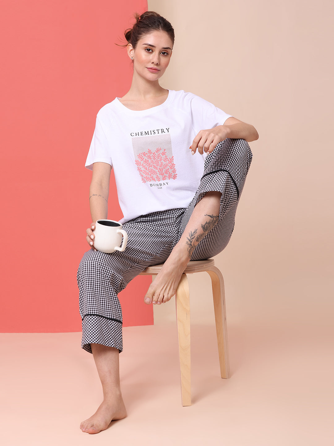 PRINTED TEE & GINGHAM CHECKS PJ SET