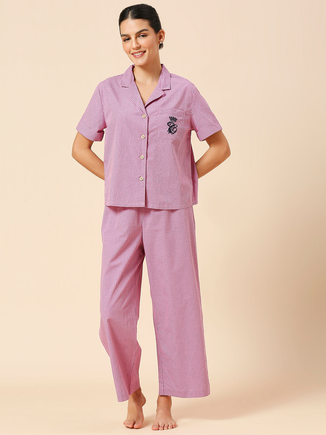 LAPEL COLLAR NIGHT SHIRT & WIDE LEG COTTON CHECKERED NIGHTSUIT