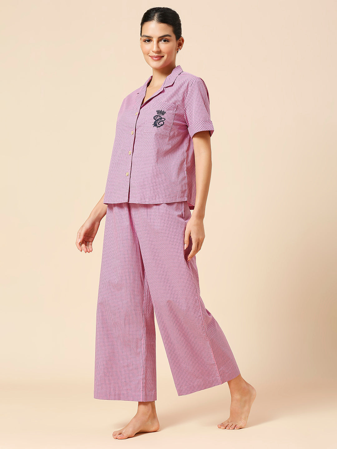 LAPEL COLLAR NIGHT SHIRT & WIDE LEG COTTON CHECKERED NIGHTSUIT