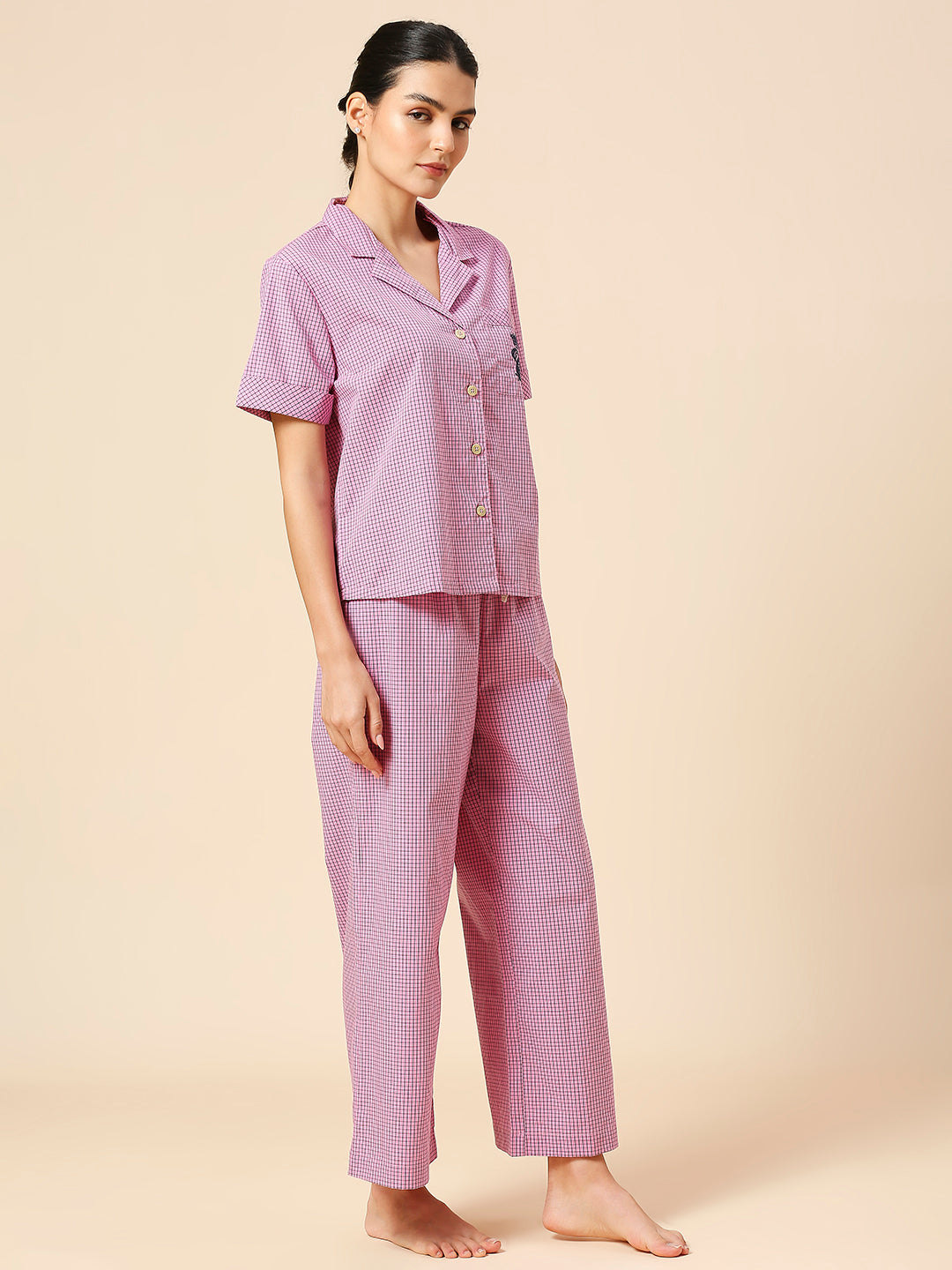LAPEL COLLAR NIGHT SHIRT & WIDE LEG COTTON CHECKERED NIGHTSUIT