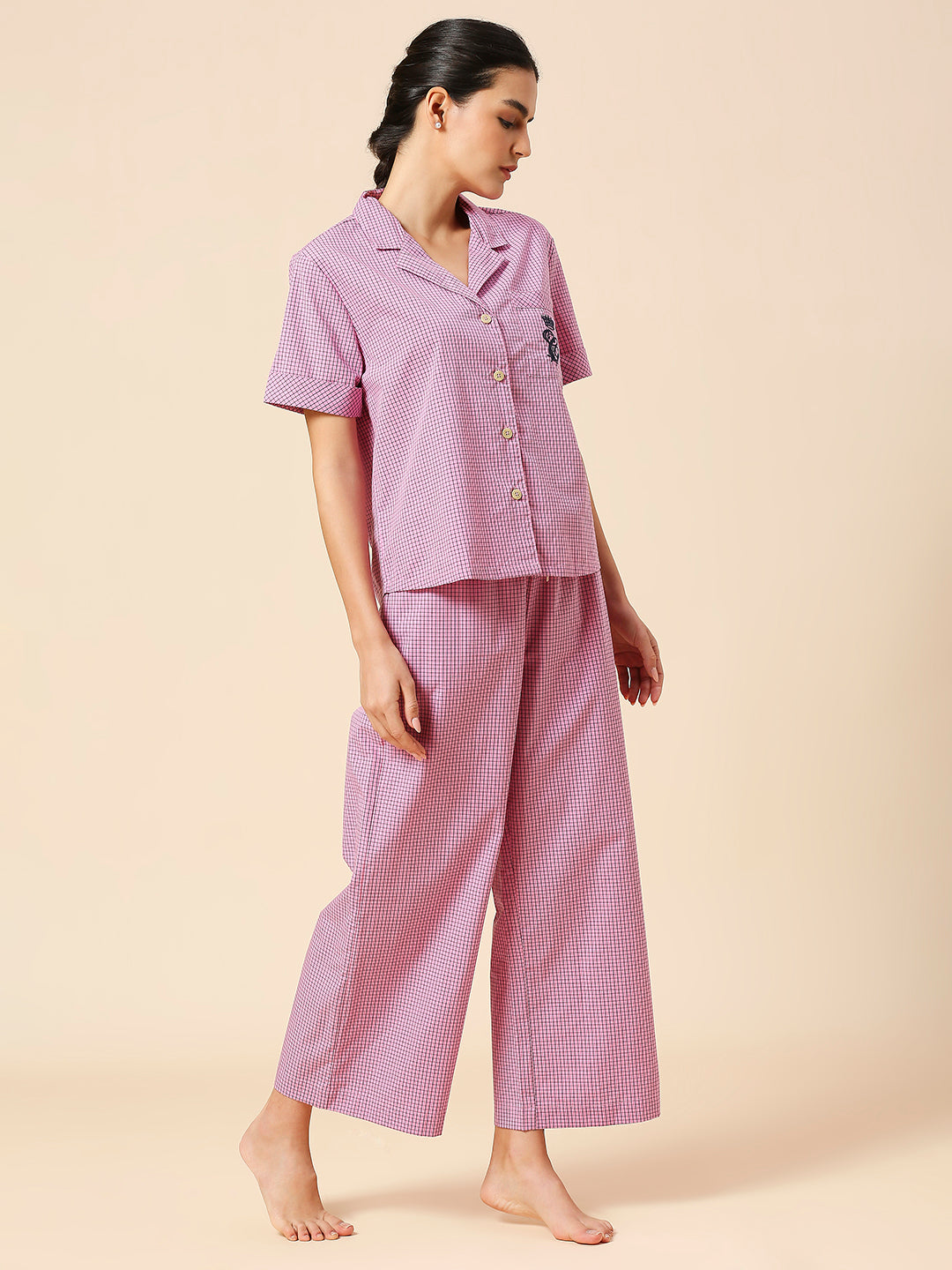 LAPEL COLLAR NIGHT SHIRT & WIDE LEG COTTON CHECKERED NIGHTSUIT