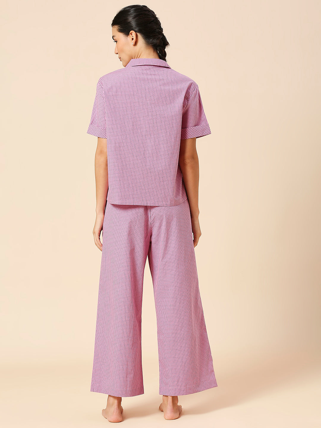 LAPEL COLLAR NIGHT SHIRT & WIDE LEG COTTON CHECKERED NIGHTSUIT