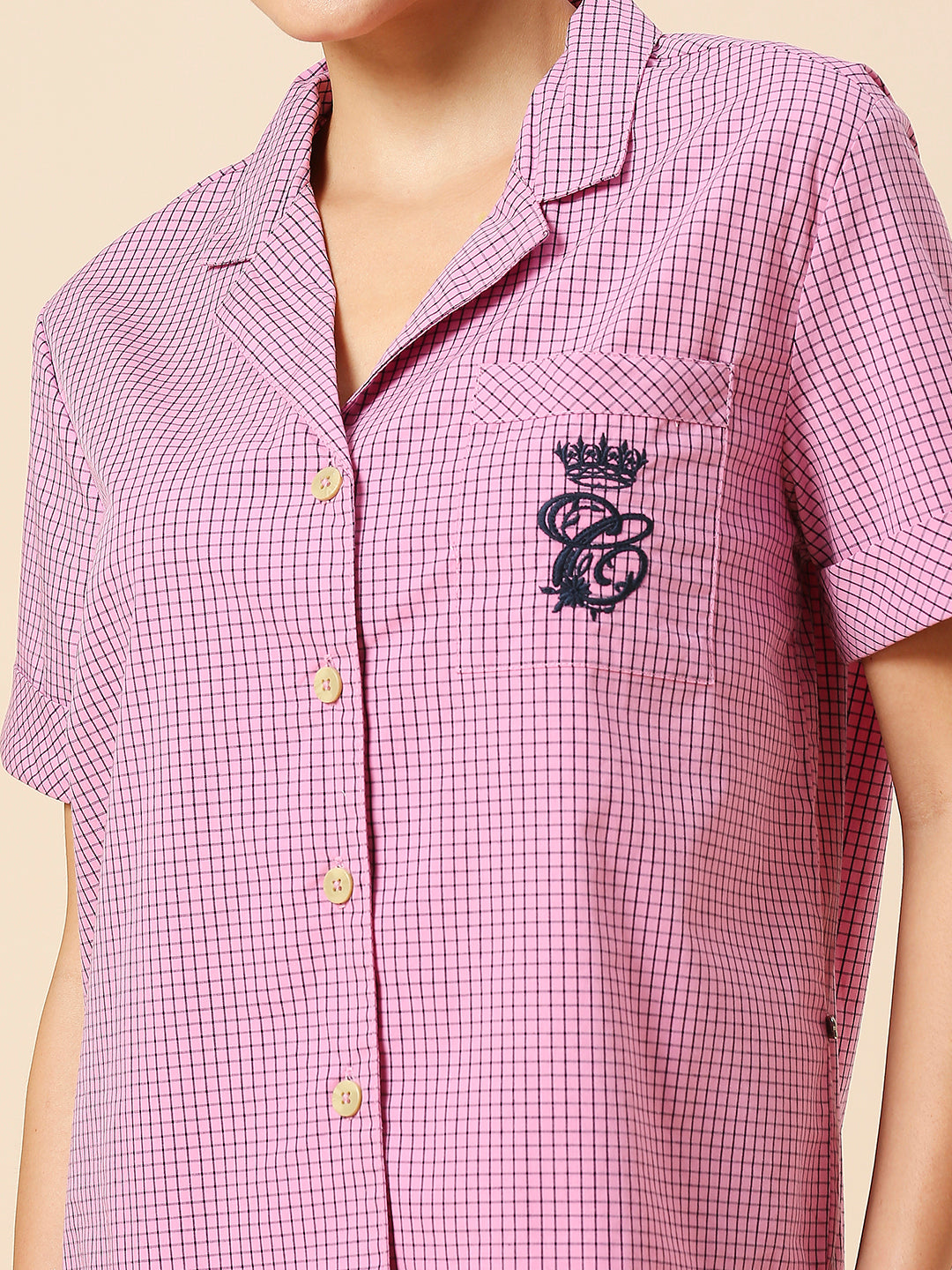 LAPEL COLLAR NIGHT SHIRT & WIDE LEG COTTON CHECKERED NIGHTSUIT