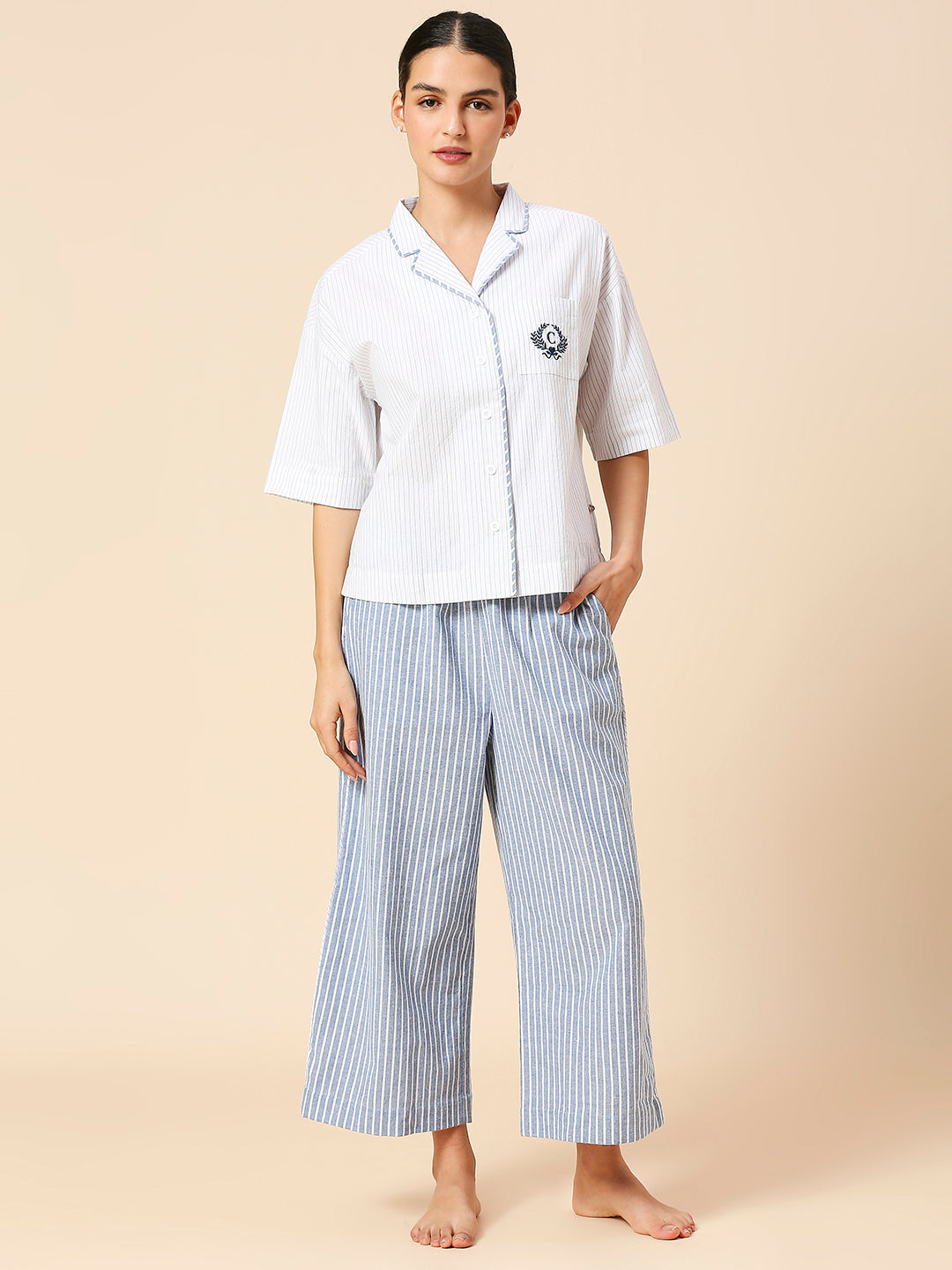 EMBROIDERED POCKET LAPEL COLLAR NIGHT SHIRT & WIDE LEG COTTON STRIPED NIGHTSUIT