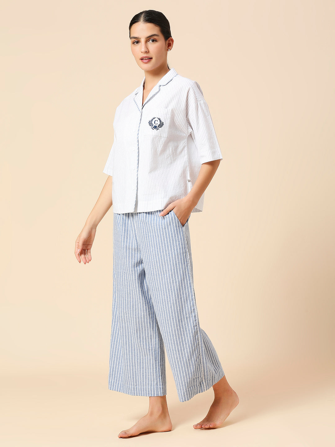 EMBROIDERED POCKET LAPEL COLLAR NIGHT SHIRT & WIDE LEG COTTON STRIPED NIGHTSUIT