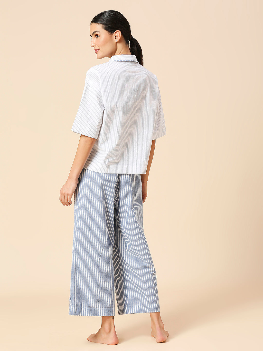EMBROIDERED POCKET LAPEL COLLAR NIGHT SHIRT & WIDE LEG COTTON STRIPED NIGHTSUIT