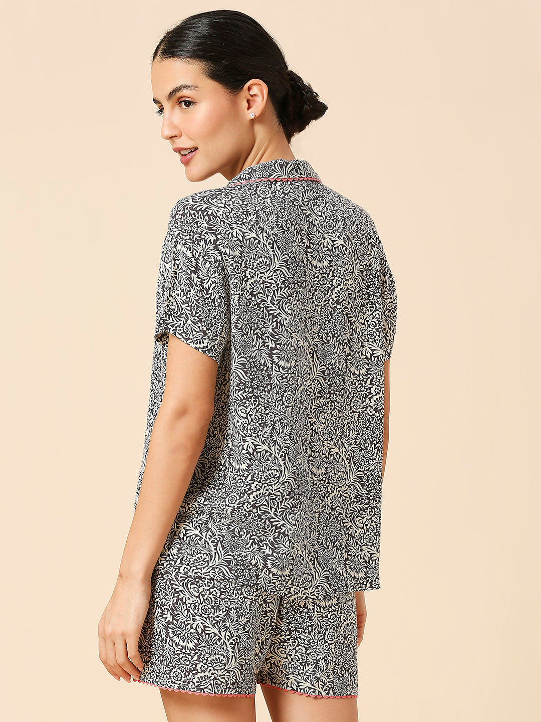 PRINTED CRINKLE RAYON NIGHT SUIT WITH RIC RAC TRIMMING