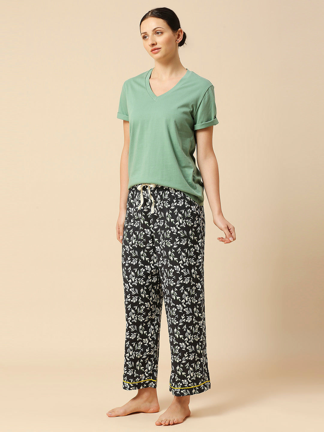 COTTON TEE & PRINTED VISCOSE PJ'S NIGHTSUIT SET