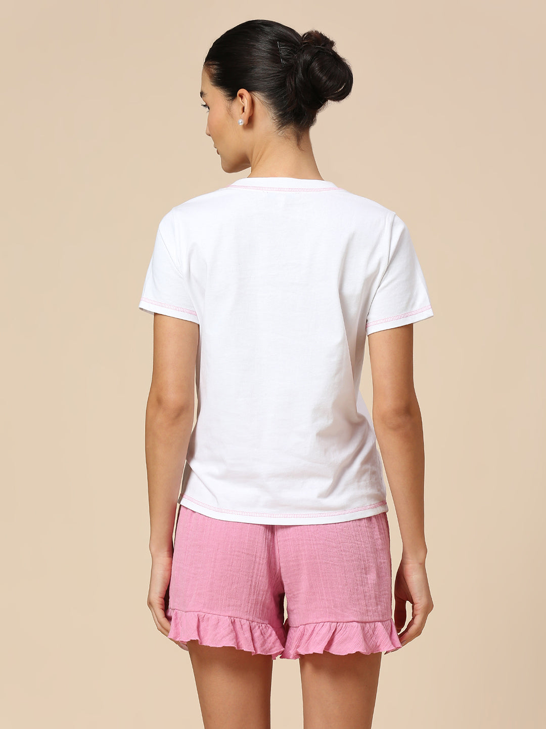 CRINKLE DOUBLE CREPE COTTON RUFFLED HEM SHORTS & "KISSES" PRINTED TEE SET