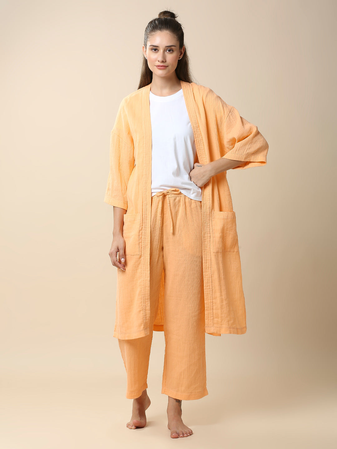 DOUBLE COTTON CRINKLE CREPE NIGHT SUIT SET W/ KIMONO COVER UP