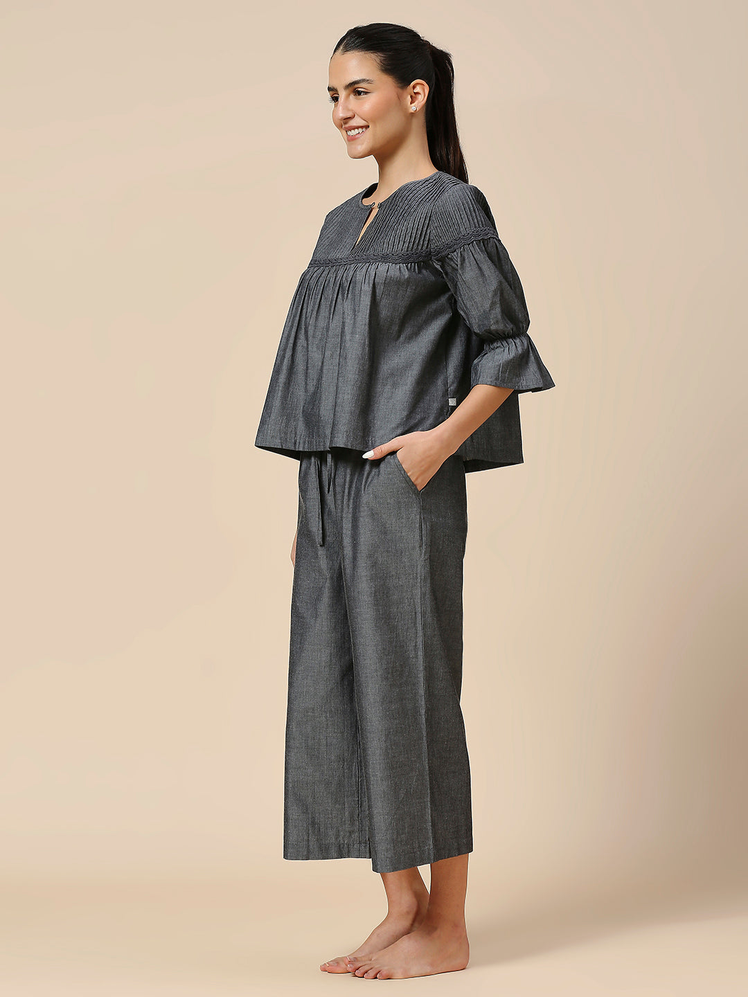 COTTON CHAMBRAY PINTUCKED YOKE CHEMISE & CROPPED PJ'S LOUNGE SET