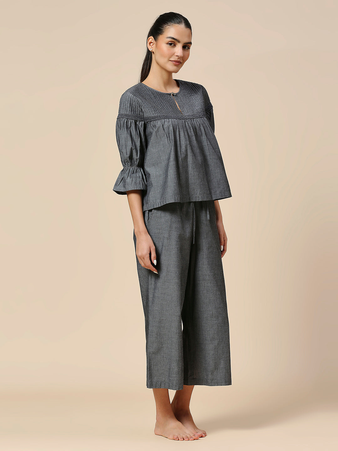 COTTON CHAMBRAY PINTUCKED YOKE CHEMISE & CROPPED PJ'S LOUNGE SET