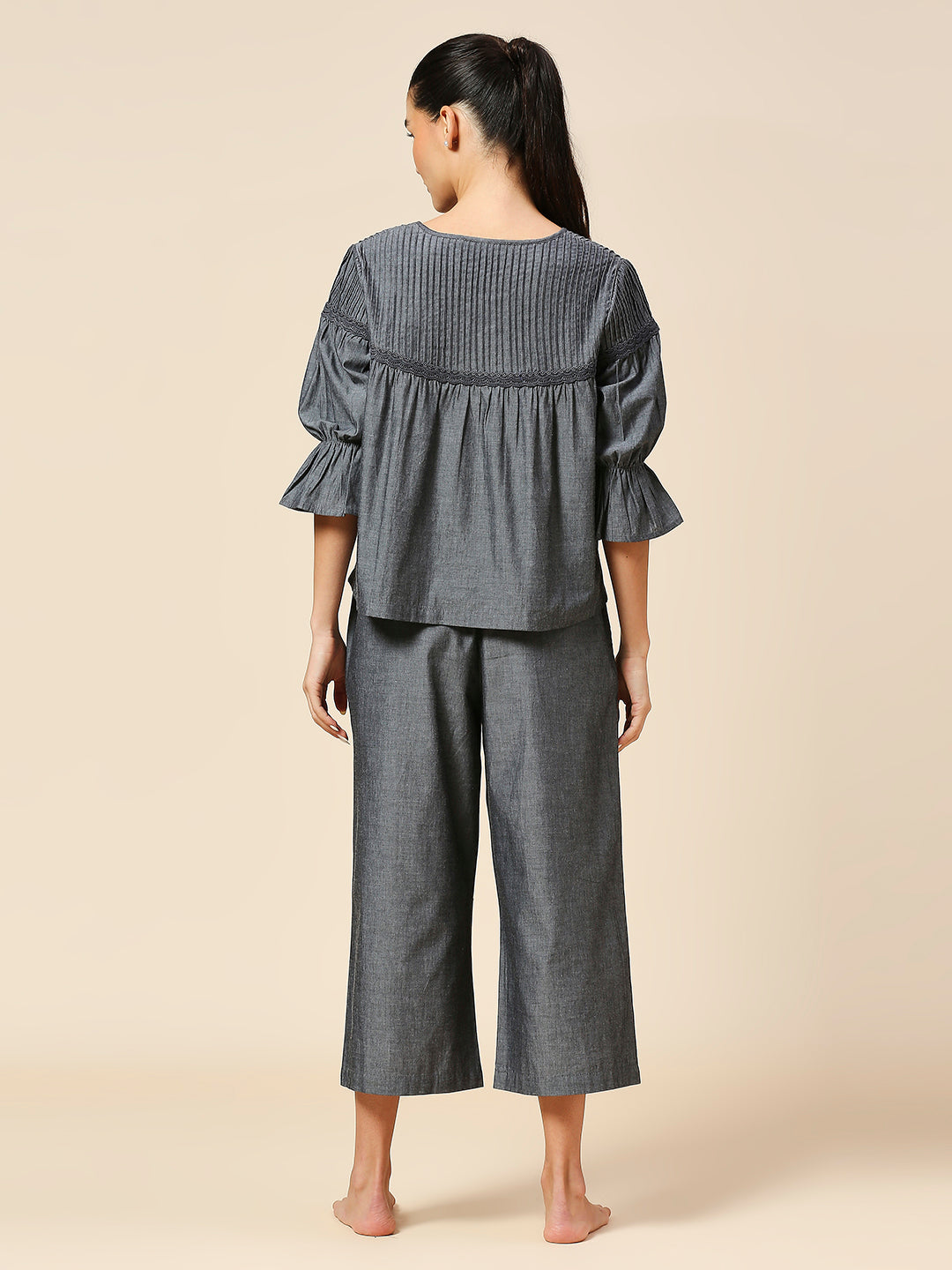 COTTON CHAMBRAY PINTUCKED YOKE CHEMISE & CROPPED PJ'S LOUNGE SET