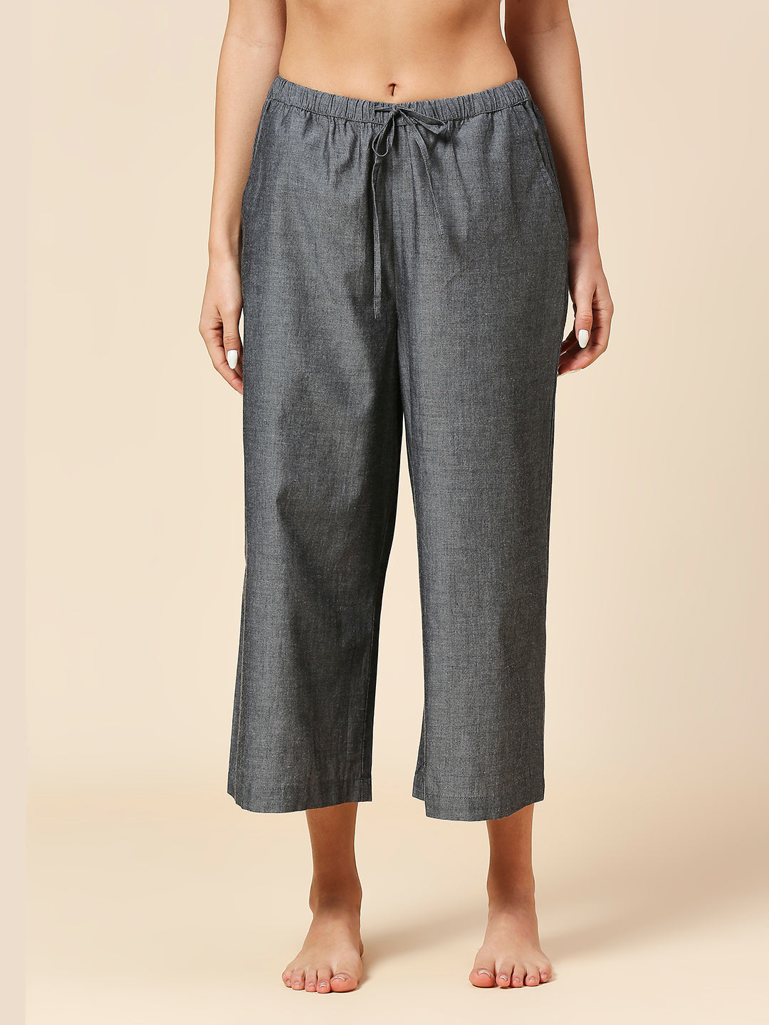 COTTON CHAMBRAY PINTUCKED YOKE CHEMISE & CROPPED PJ'S LOUNGE SET