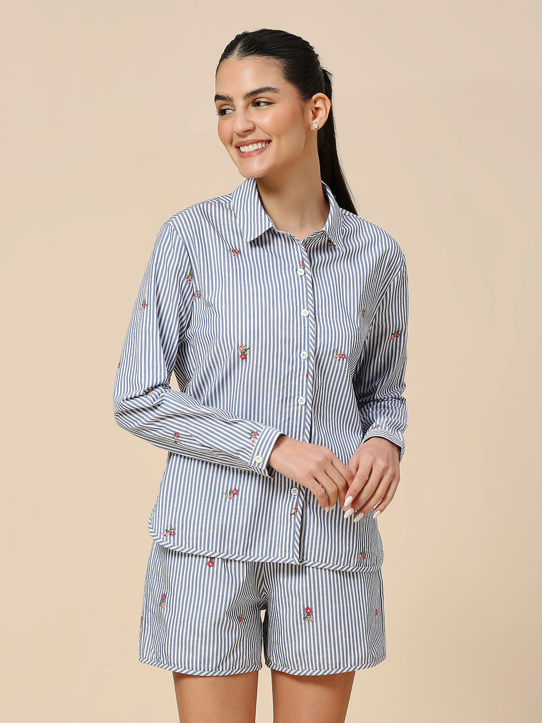 STRIPED ALL OVER EMBROIDERED SHIRT & LOUNGE SHORTS SET