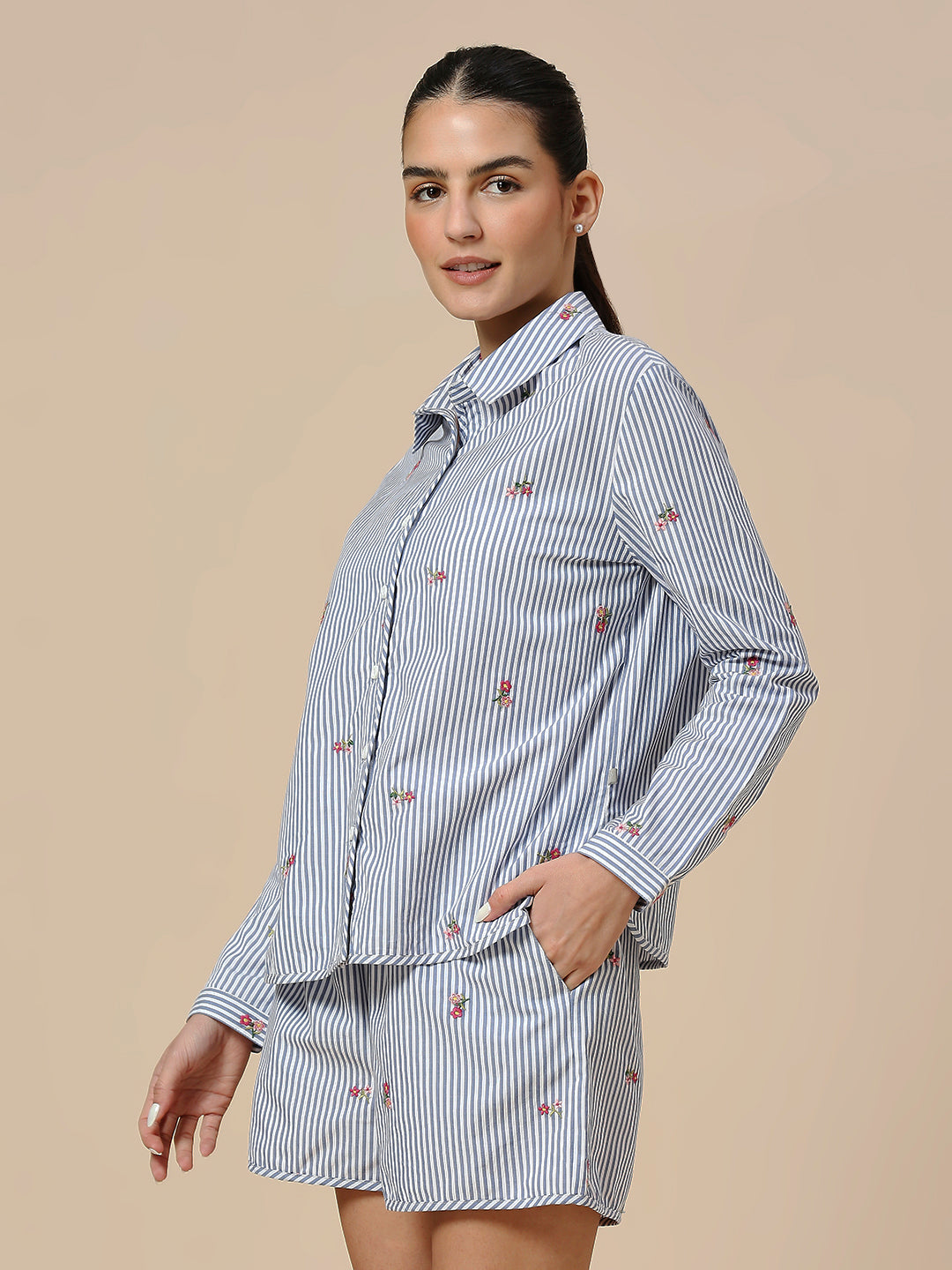 STRIPED ALL OVER EMBROIDERED SHIRT & LOUNGE SHORTS SET