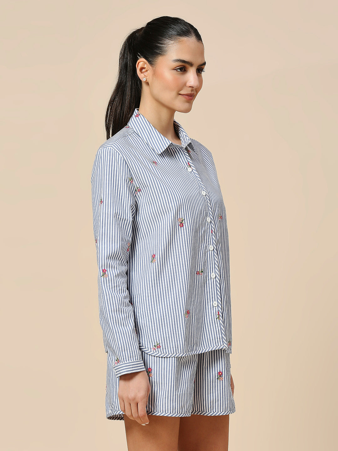 STRIPED ALL OVER EMBROIDERED SHIRT & LOUNGE SHORTS SET