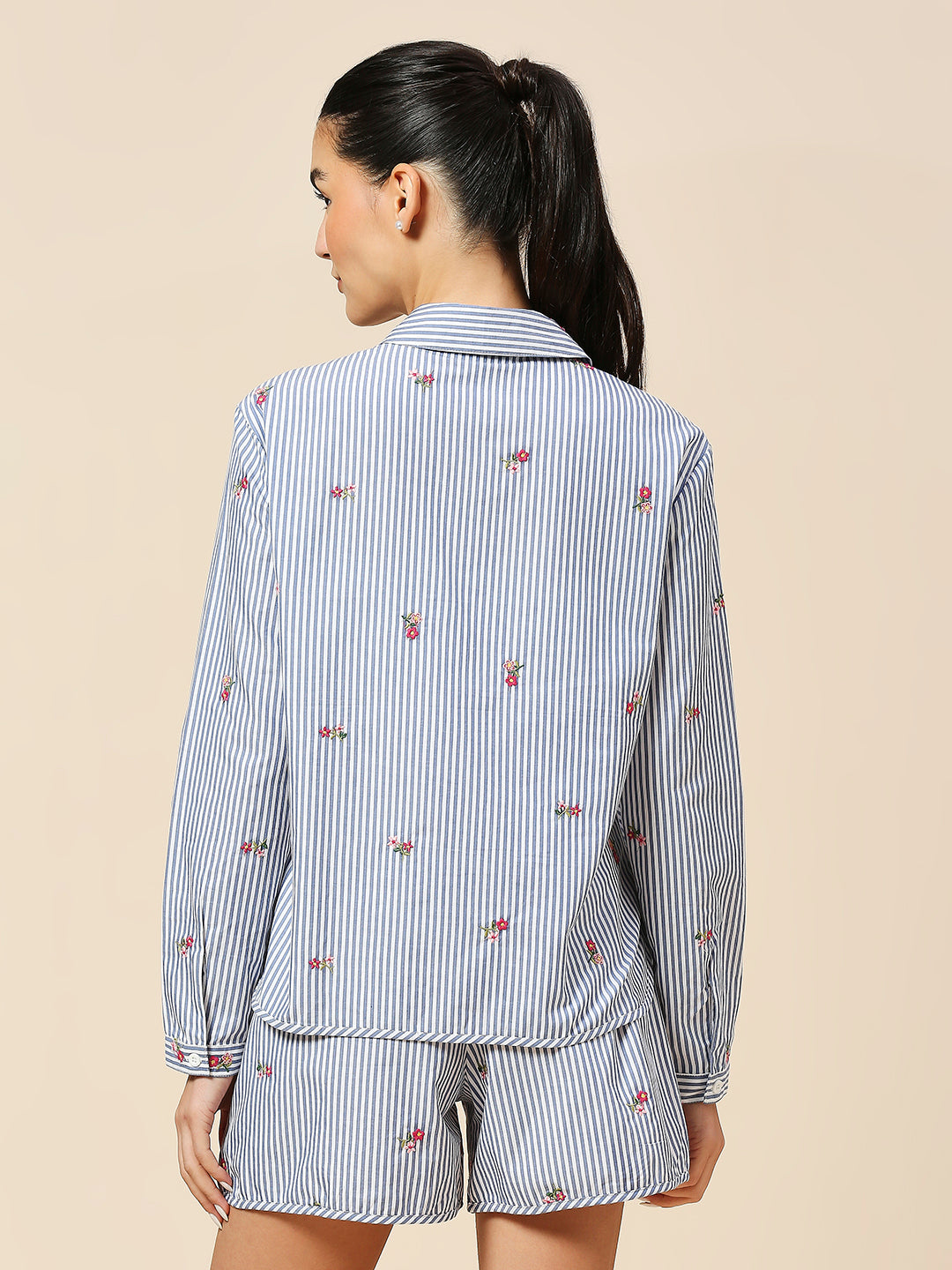 STRIPED ALL OVER EMBROIDERED SHIRT & LOUNGE SHORTS SET