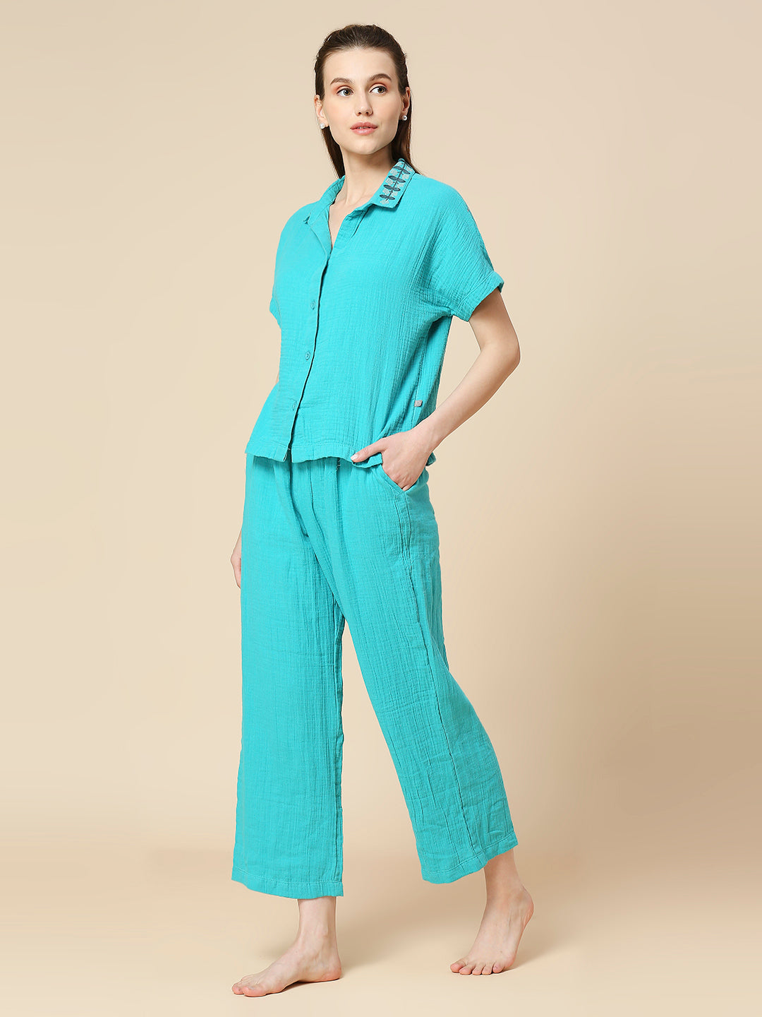 CRINKLE COTTON EMBROIDERED SHIRT & CROPPED PJ LOUNGE SET