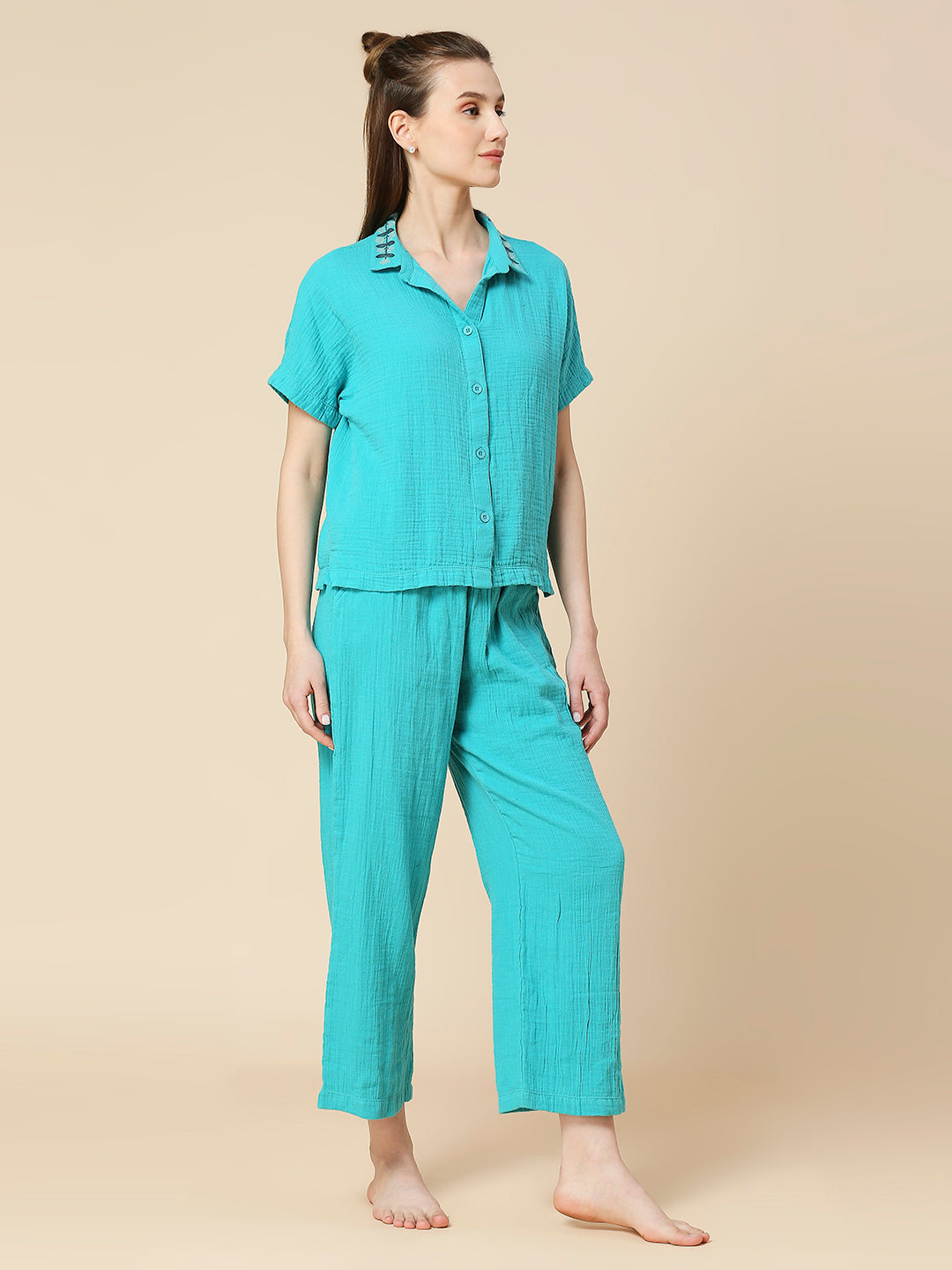 CRINKLE COTTON EMBROIDERED SHIRT & CROPPED PJ LOUNGE SET
