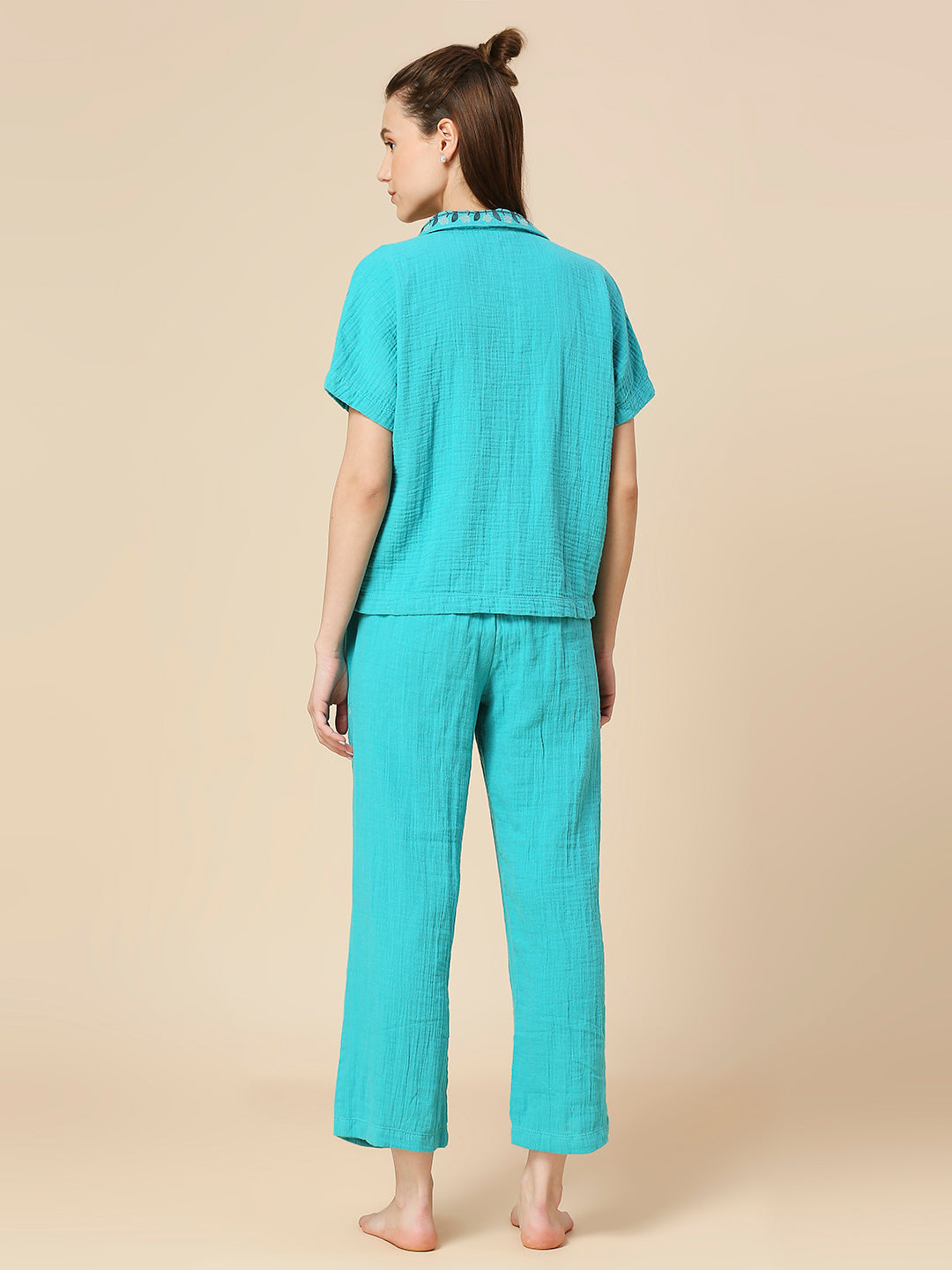 CRINKLE COTTON EMBROIDERED SHIRT & CROPPED PJ LOUNGE SET