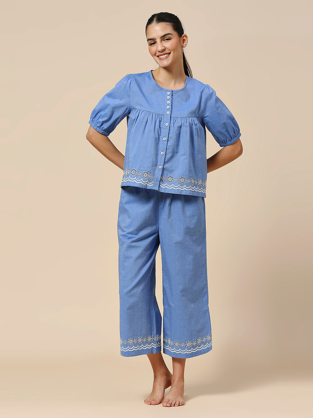 COTTON CHAMBRAY SCHIFFLI EMBROIDERED NIGHT SUIT
