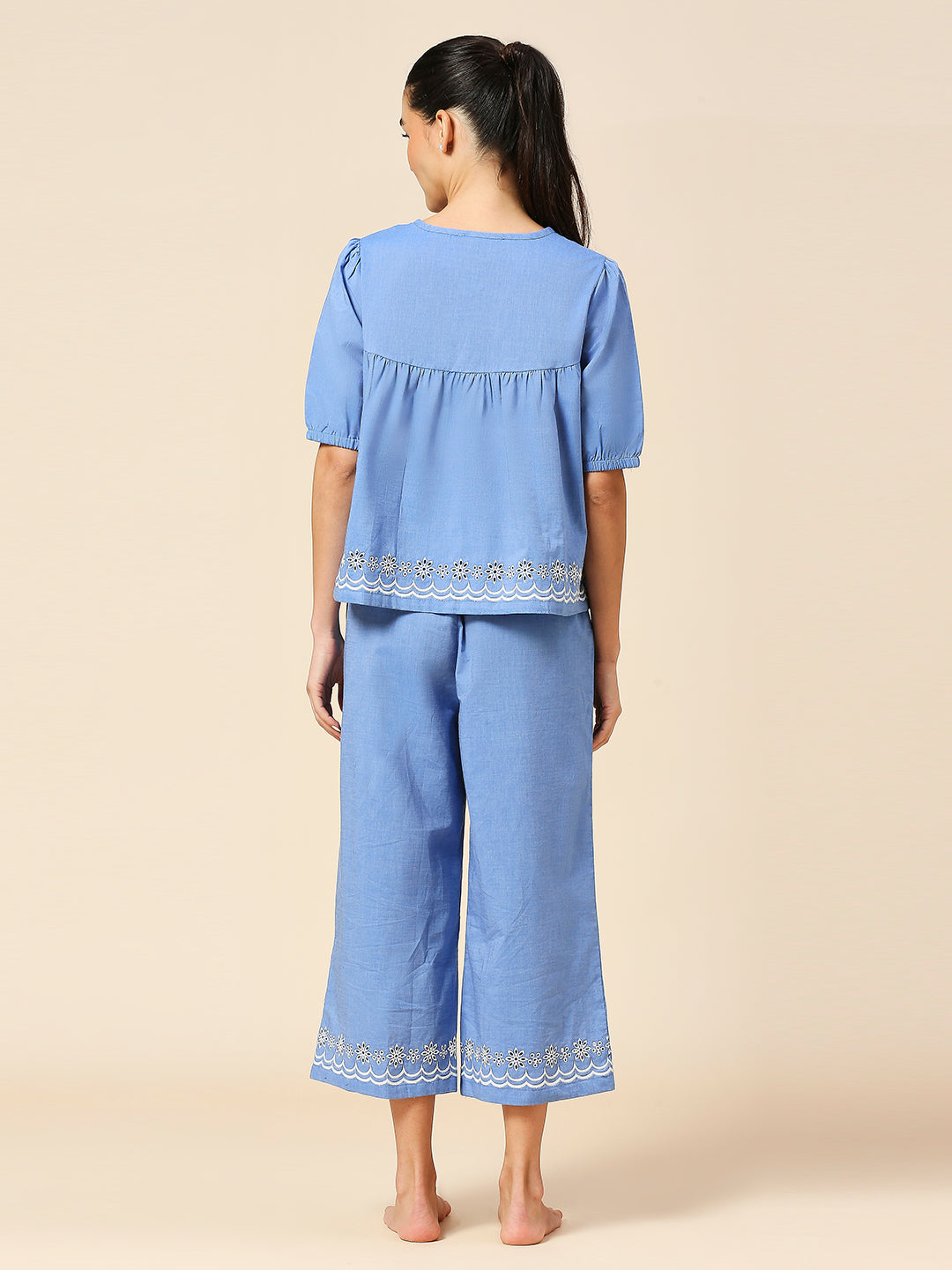 COTTON CHAMBRAY SCHIFFLI EMBROIDERED NIGHT SUIT