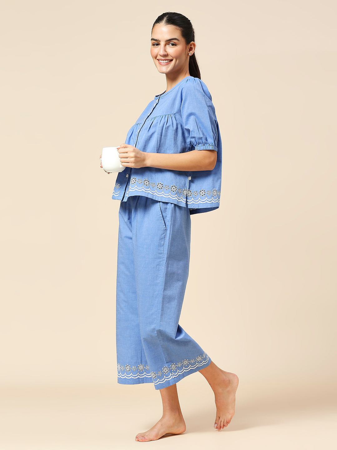COTTON CHAMBRAY SCHIFFLI EMBROIDERED NIGHT SUIT