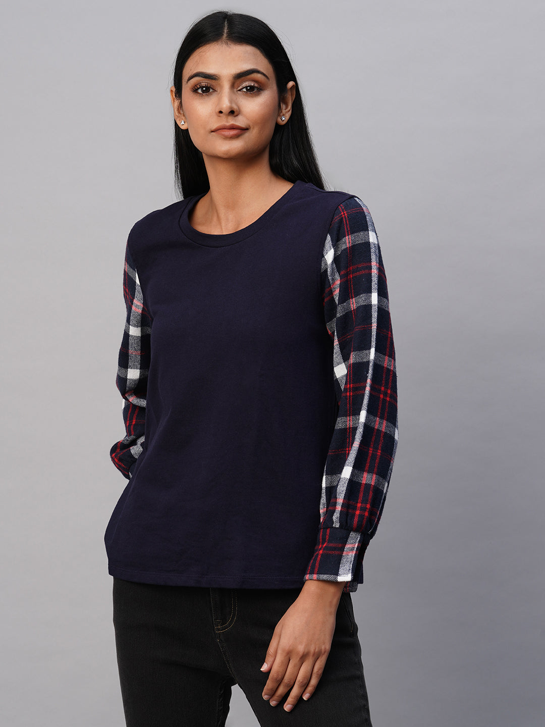 French Terry Sweatshirt With Brushed Plaid Cuffed Sleeves