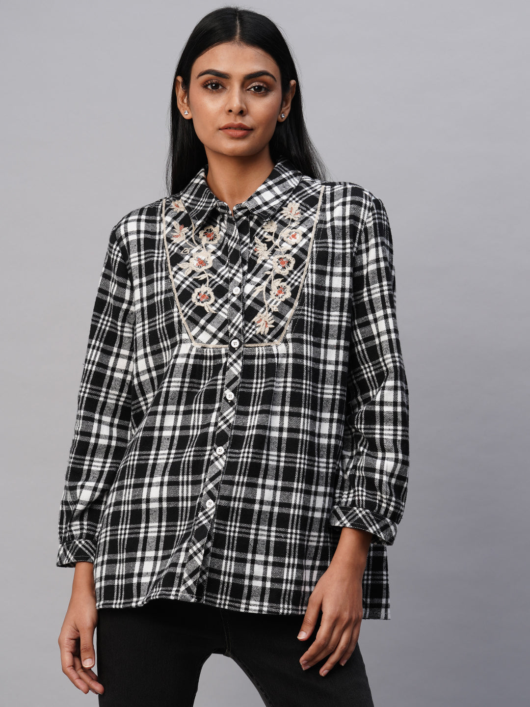 Embroidered Yoke Brushed Flannel Plaid Longline Shirt