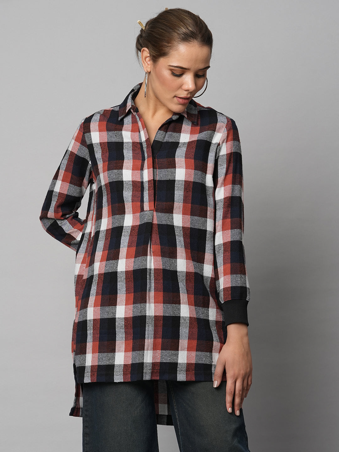 Brushed Flannel Pop Over Longline Shirt With Ribbed Cuffs