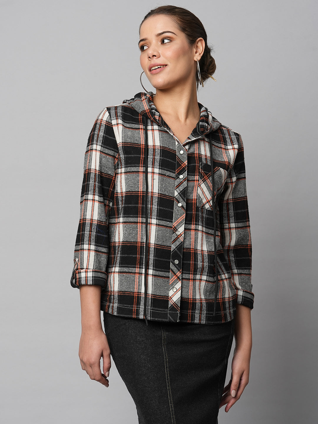 Brushed Flannel Plaid Shirt With Hood