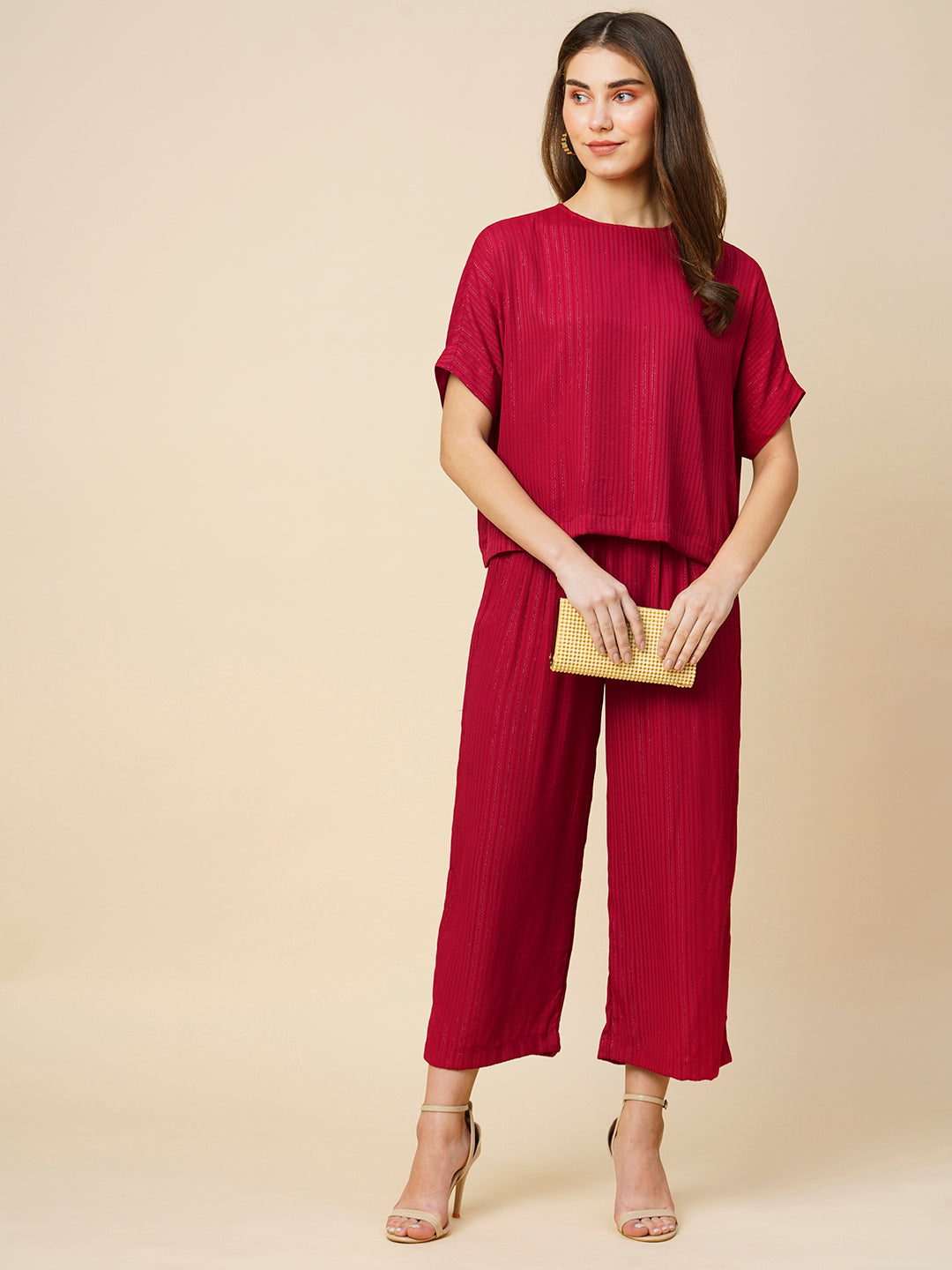 Viscose Crepe Striped Lurex Drop Shoulder Boxy Crop Top