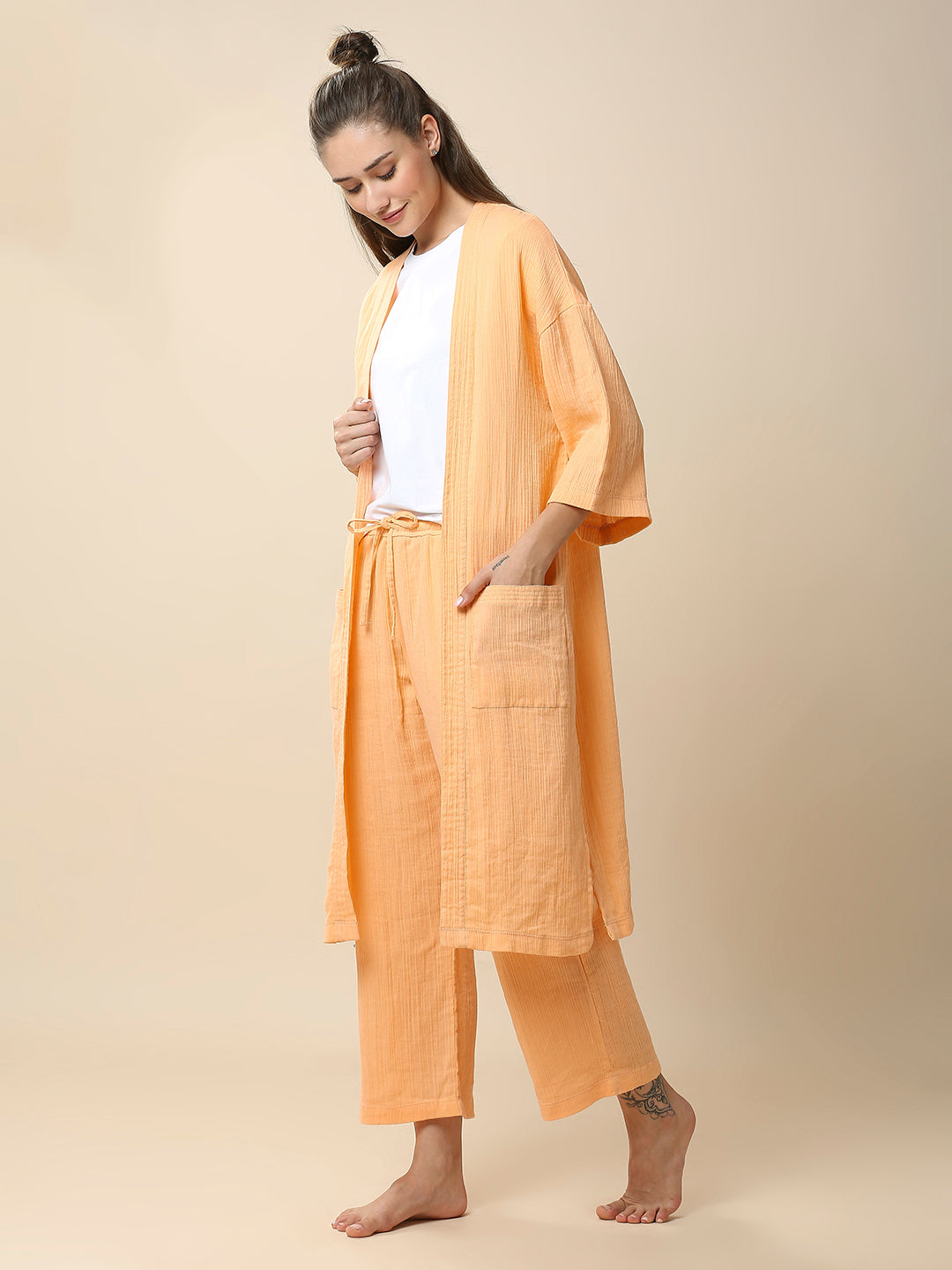 DOUBLE COTTON CRINKLE CREPE NIGHT SUIT SET W/ KIMONO COVER UP