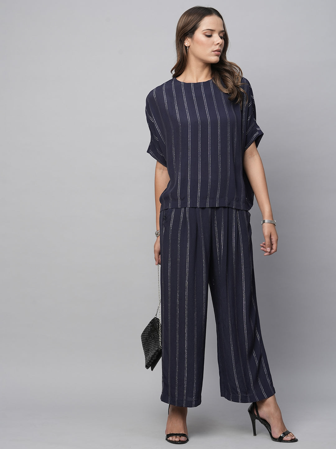 Lurex Viscose Crepe Pleated Wide Leg Fluid Trousers