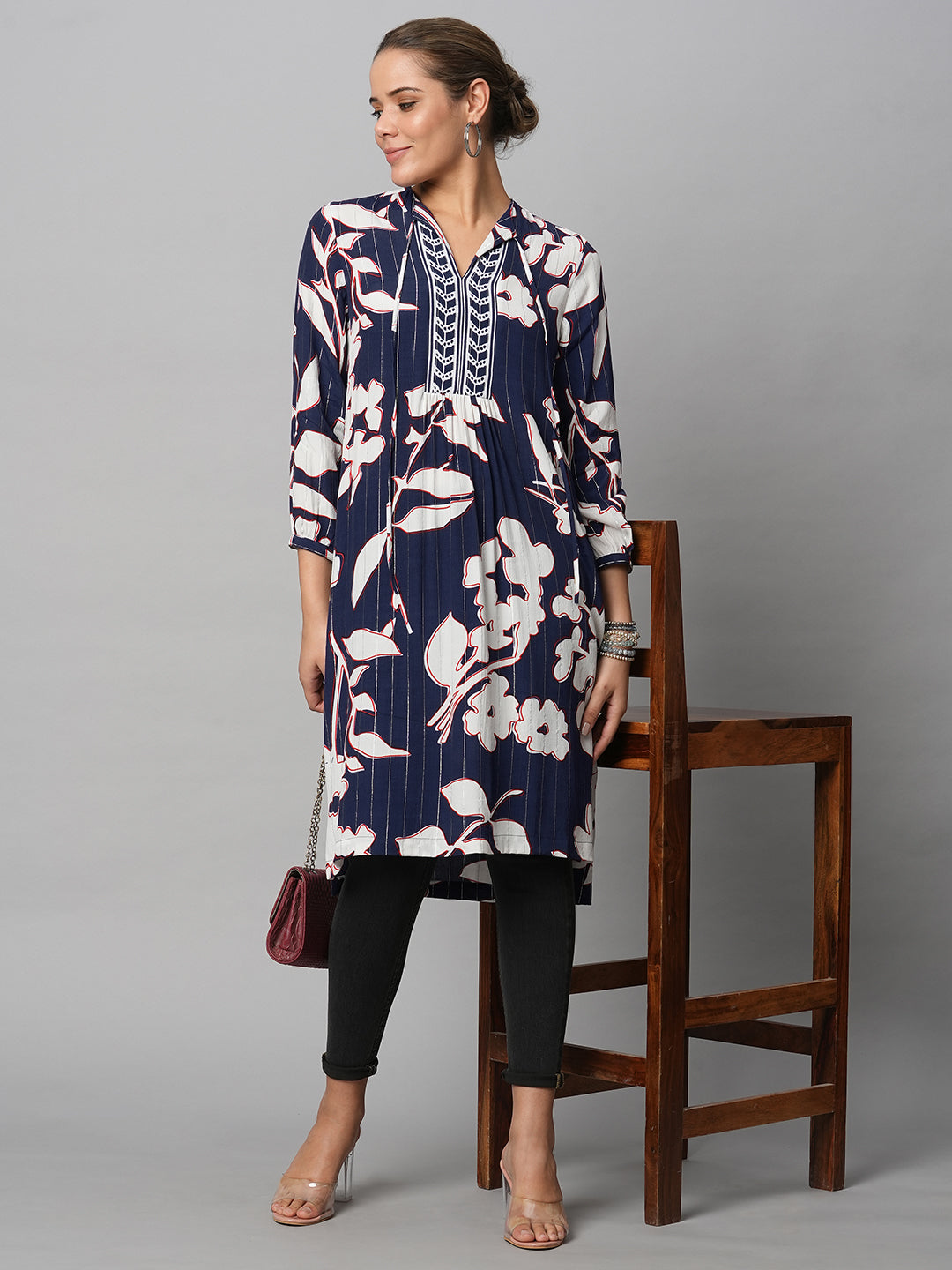 GIANT FLORAL PRINT ON LUREX VISCOSE CREPE LONGLINE TUNIC