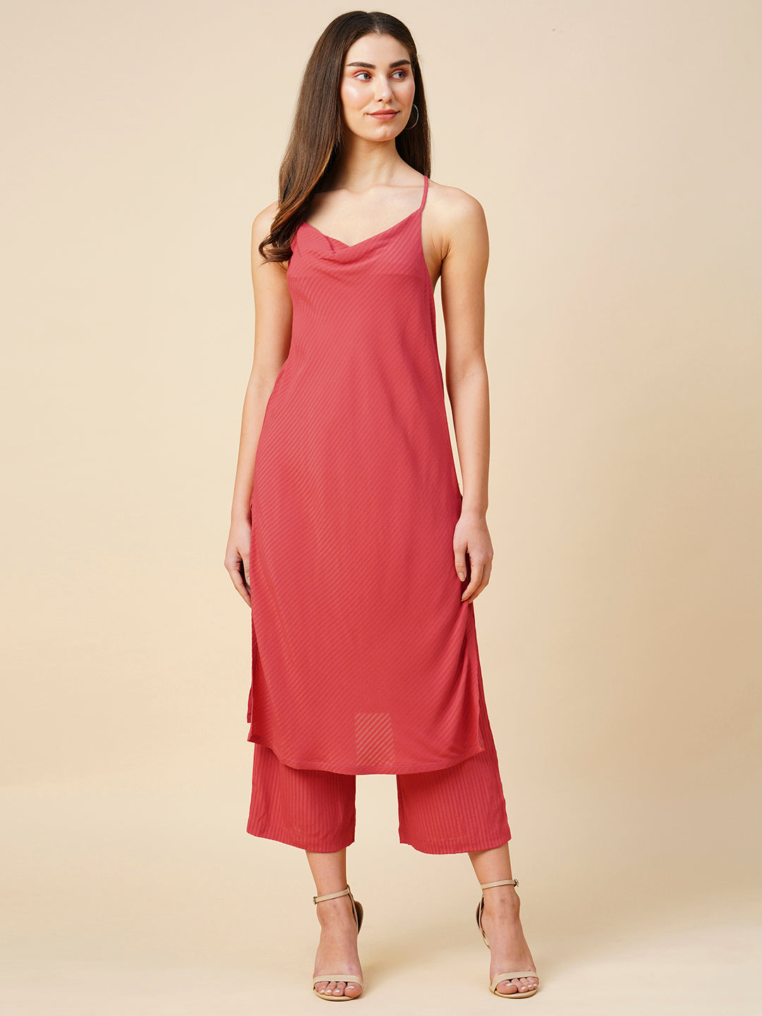 Viscose Crepe Dobby Cowl Neck Strappy Kurta & Cropped Pant Set