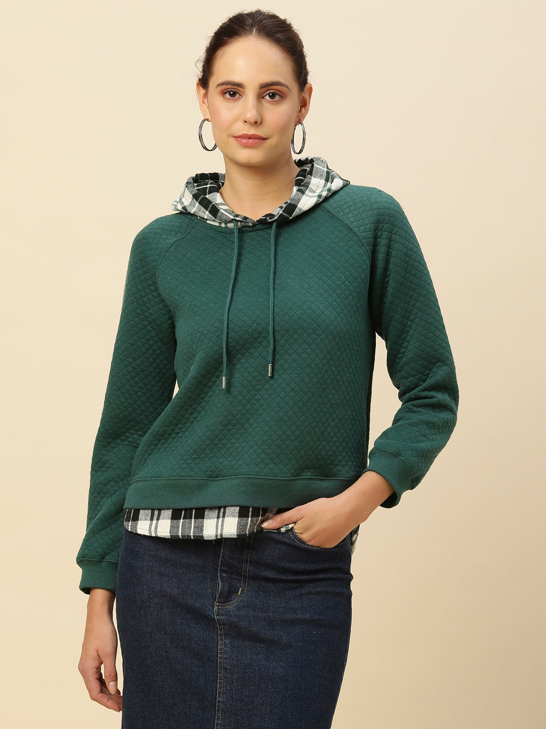 Quilted Faux Layered Look Sweatshirt W/ Plaid Hoodie