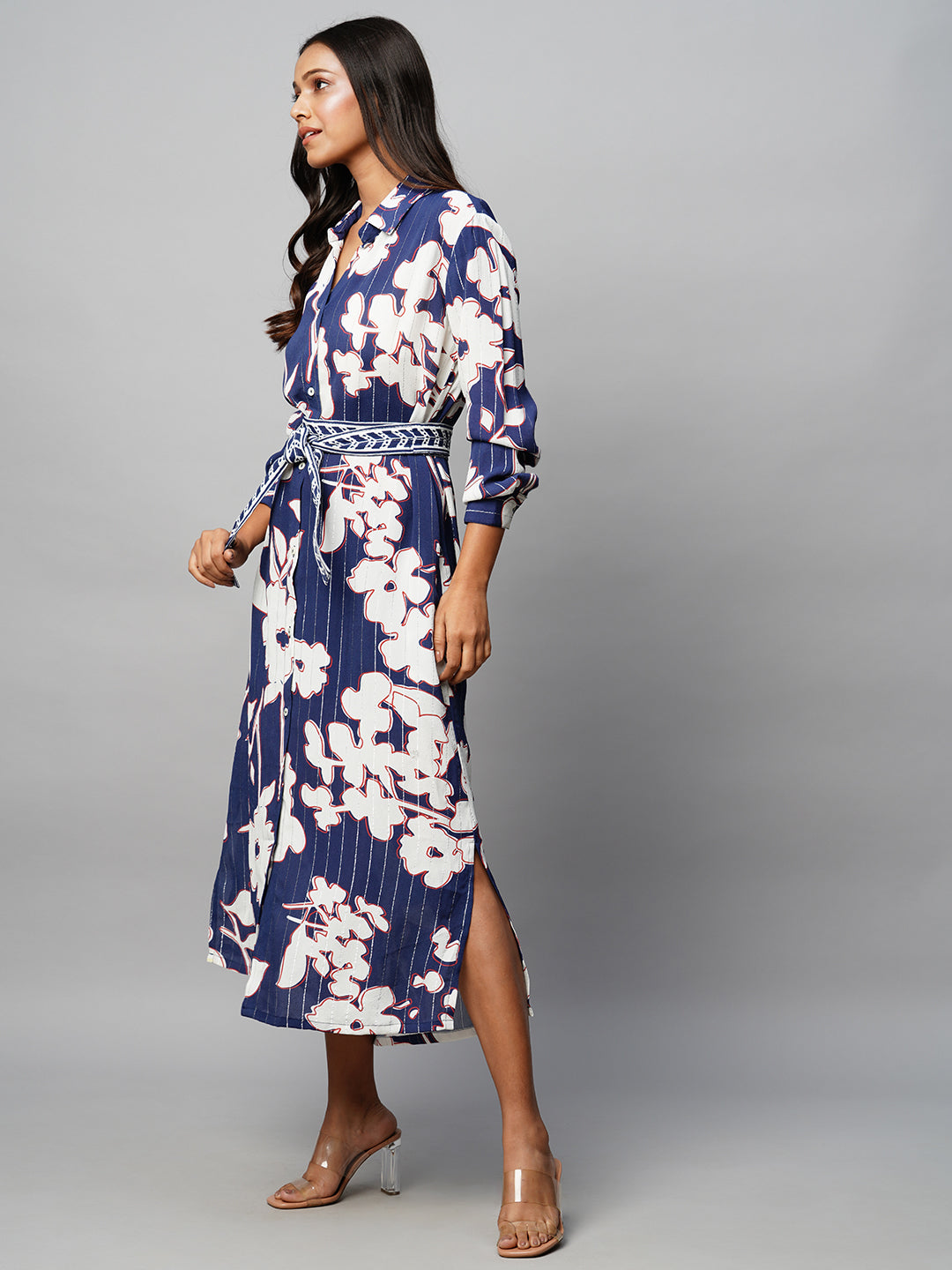 Giant Floral Print On Lurex Viscose Crepe Shirt Dress
