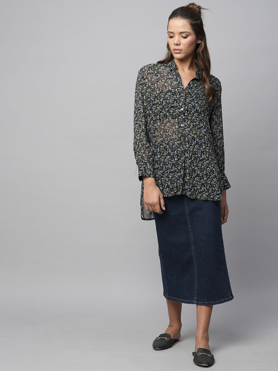 Printed Viscose Georgette Longline Dress Up Shirt