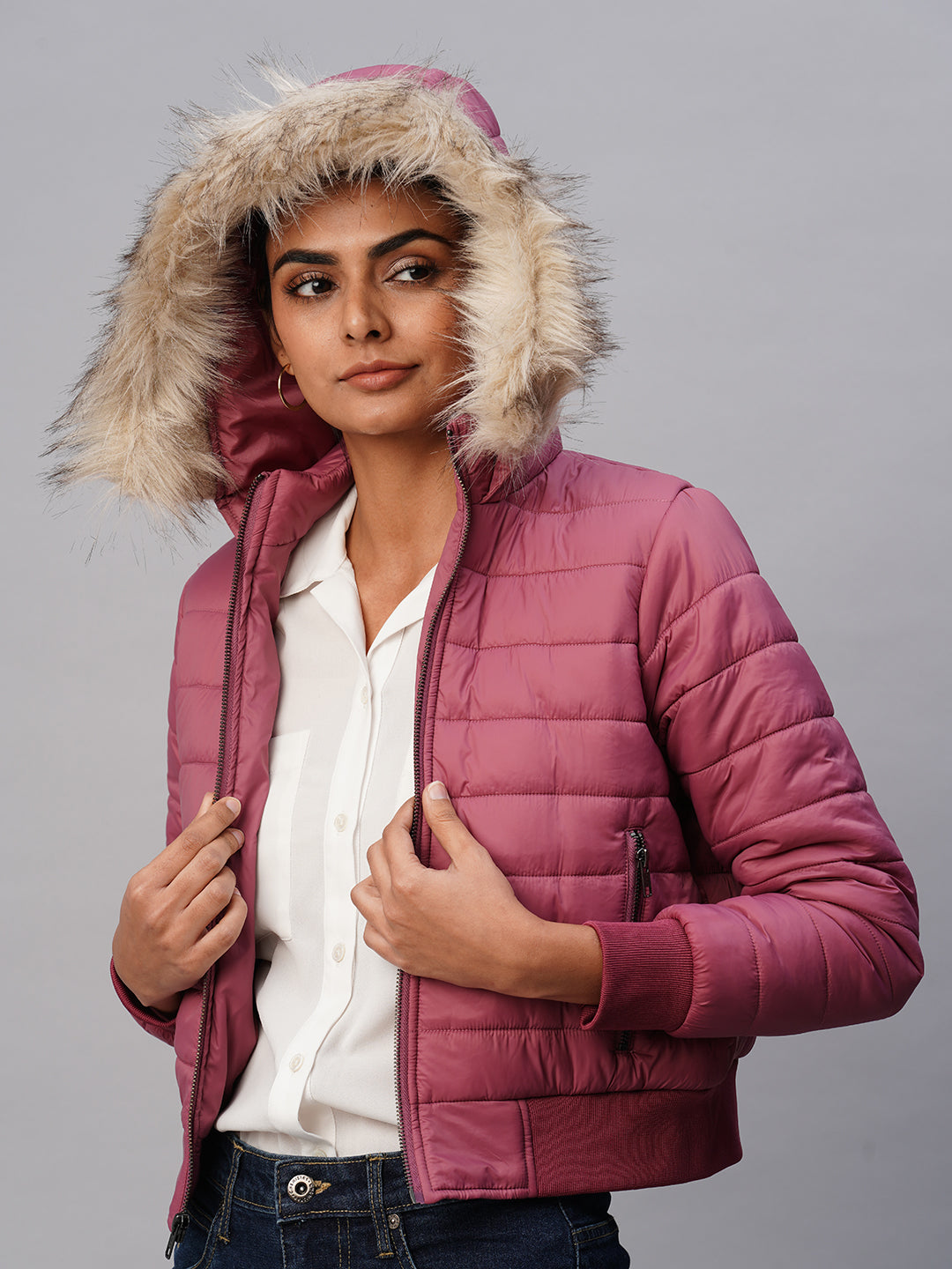 PUFFER BOMBER W/ FAUX FUR LINED HOODIE