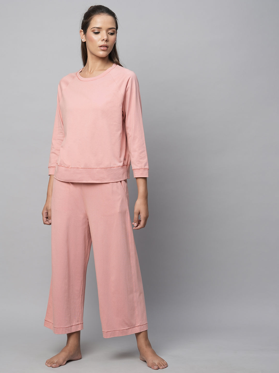 Cotton Viscose Jersey Raglan Tee And Wide Leg Pj Set