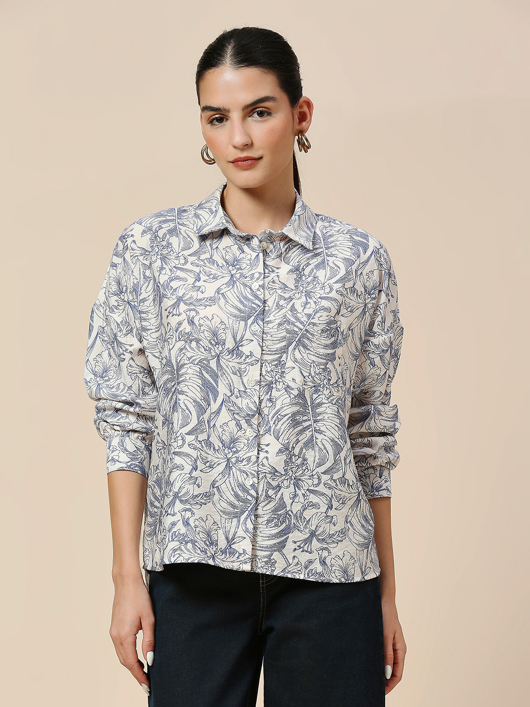 PRINTED CRUSHED VISCOSE POLYAMIDE DROP SHOULDER SHIRT