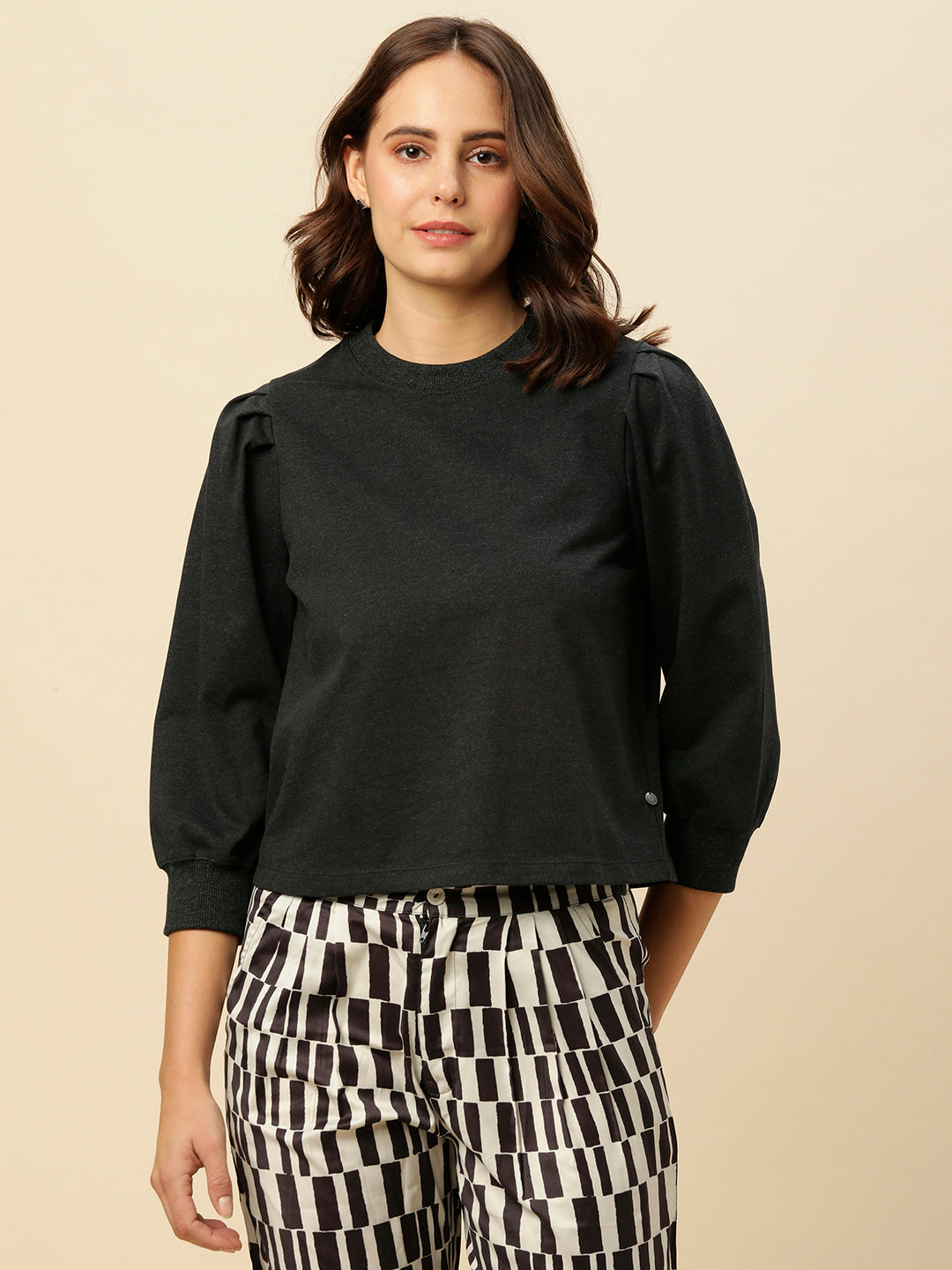 ANTHRACITE MELANGE PUFF SLEEVE SWEATSHIRT