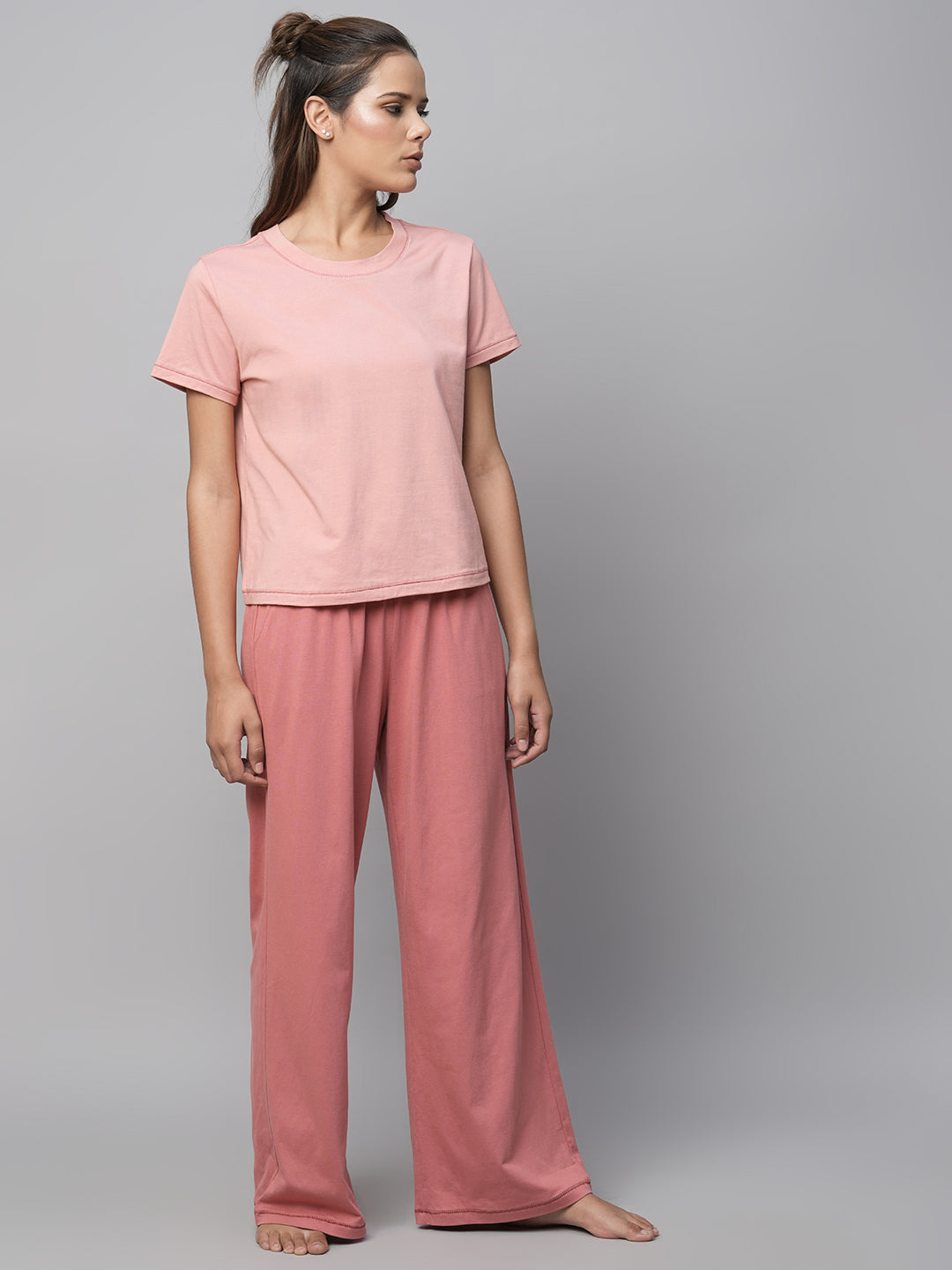 Cotton Viscose Cropped Tee And Wide Leg Nightsuit