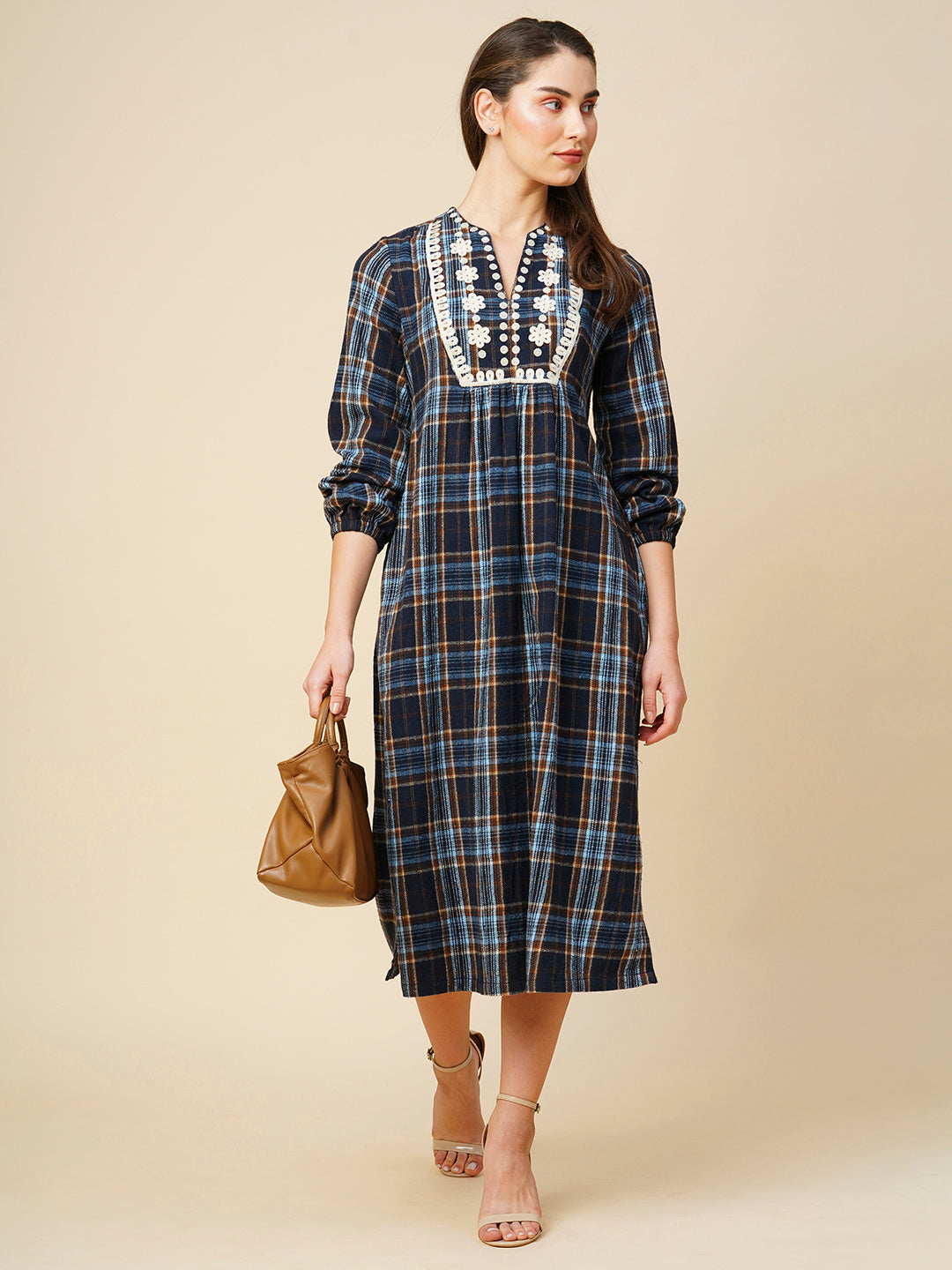 Brushed Flannel Embroidered Tunic Dress W/ Back Tie Up